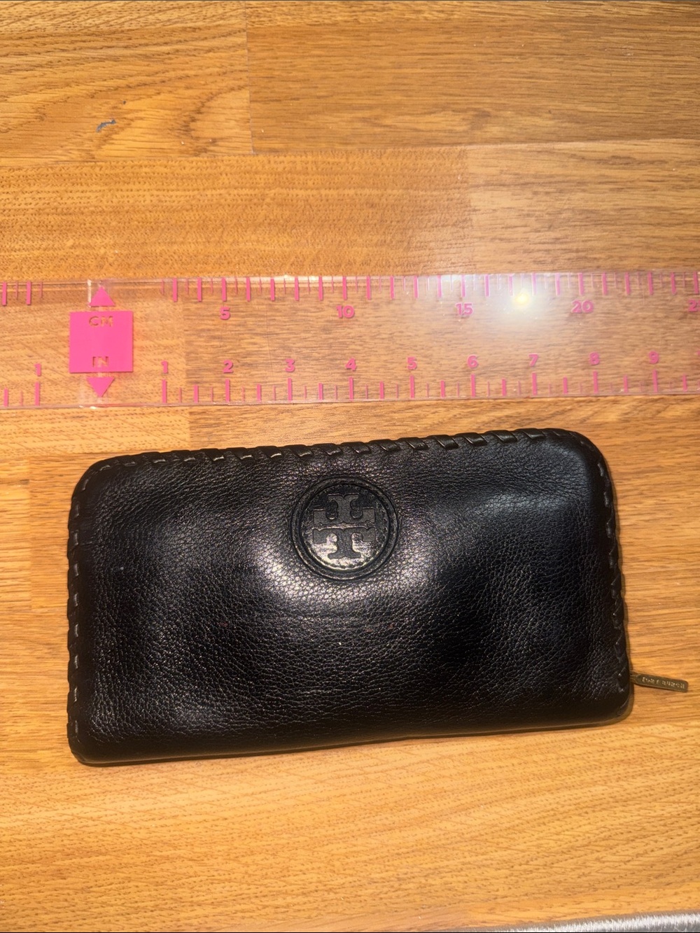 Tory Burch Black Leather Zip Card Holder with Embossed Logo